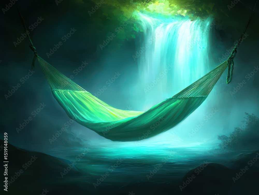 Poster relaxing hammock waterfall concept. a tranquil hammock by a glowing waterfall in a serene, mystical 