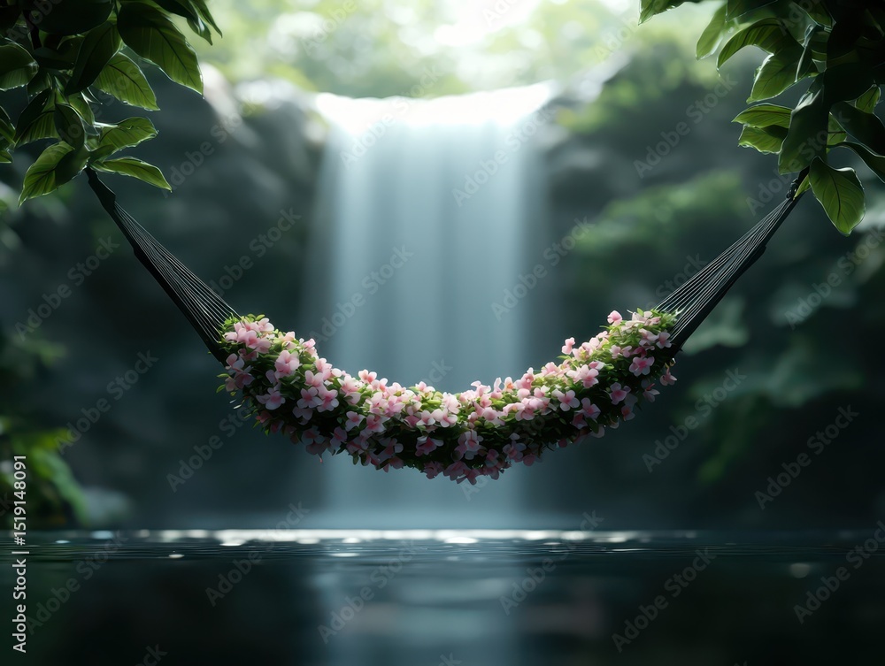 Poster relaxing hammock waterfall concept. a tranquil hammock adorned with flowers hangs near a cascading w