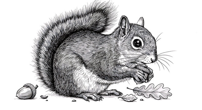 Black and white close-up illustration of a lifelike squirrel with detailed fur and bushy tail, nibbling on an acorn with subtle natural elements around it