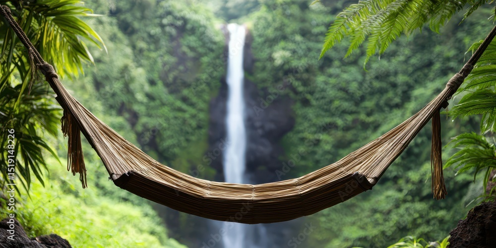 Poster relaxing hammock waterfall concept. a hammock overlooks a lush green landscape with a waterfall in t