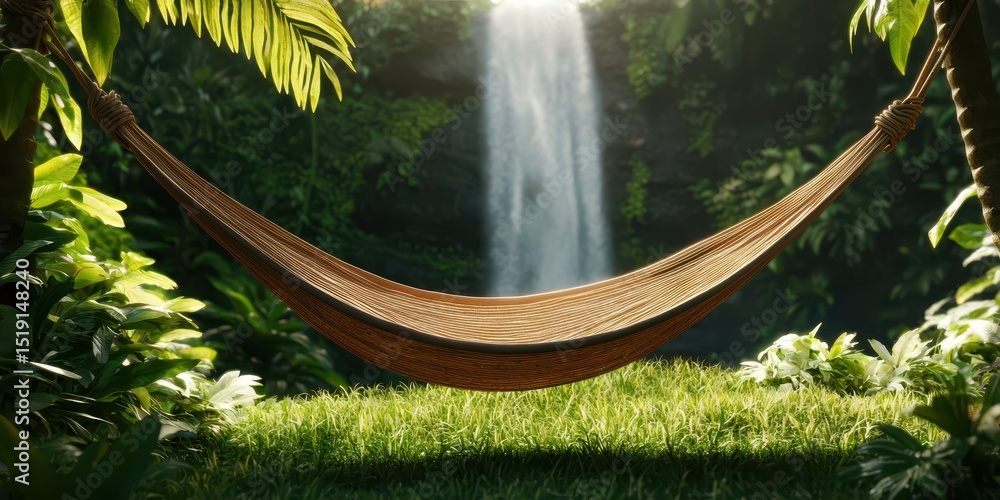 Poster relaxing hammock waterfall concept. serene hammock in lush greenery near a tranquil waterfall.