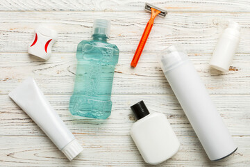 Mockup for bathing products top view flat lay, spa razor, toothpaste, soap, gel and other various accessories. Cosmetics for skin health. Bath Mockup for your logo