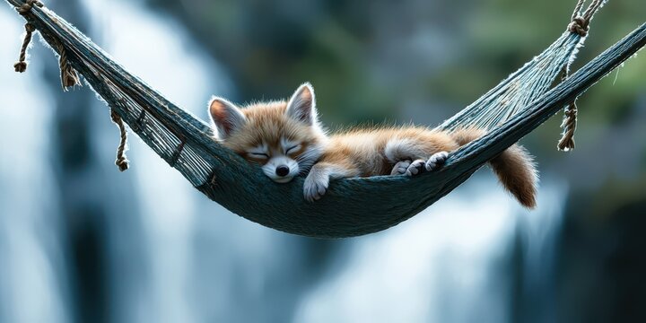 relaxing hammock waterfall concept. A cute animal peacefully sleeping in a hammock surrounded by nature.