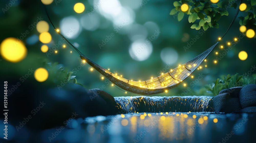 Poster relaxing hammock waterfall concept. hammock draped in lights beside a serene waterway, surrounded by