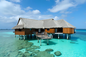 Luxurious vacation scene perfect for romantic or relaxing travel - A tropical overwater bungalow with clear water and reef visible underneath