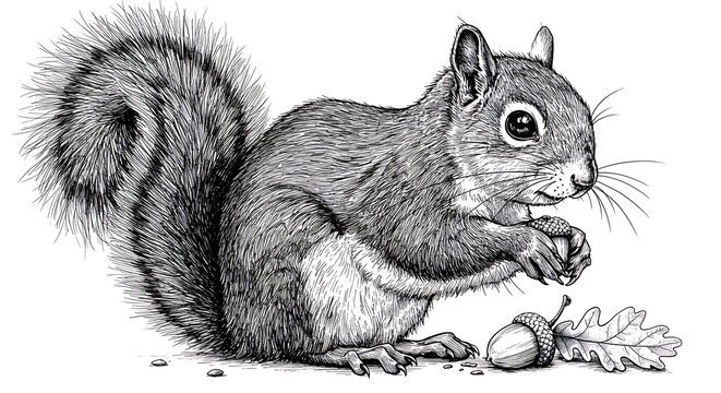 Detailed hand-drawn black and white artwork of a squirrel eating an acorn, featuring expressive eyes, textured fur, and a clean, minimalist background