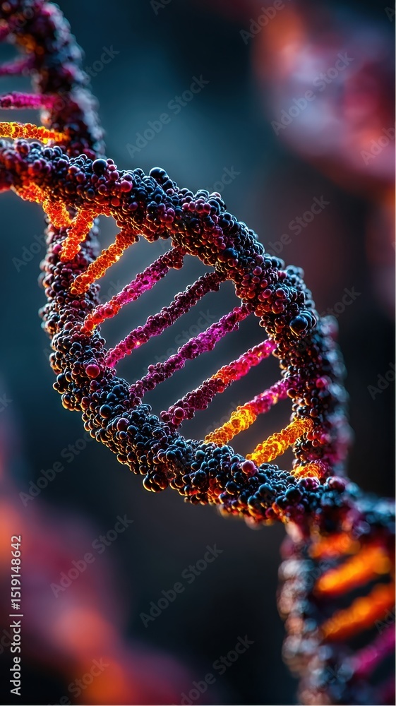 Poster dynamic depiction of deoxyribonucleic acid or dna structure on a dark surface