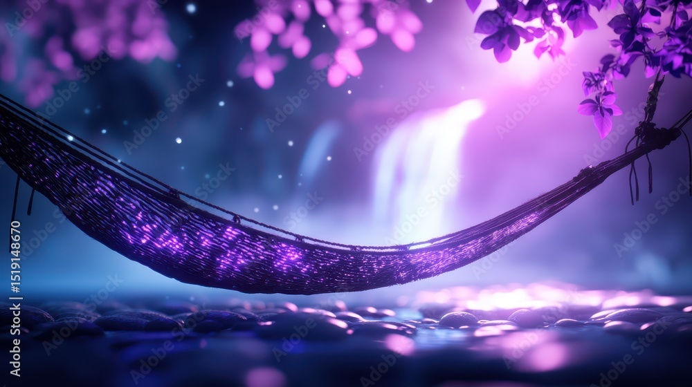 Poster relaxing hammock waterfall concept. serene hammock amidst vibrant foliage and gentle waterfall in a 