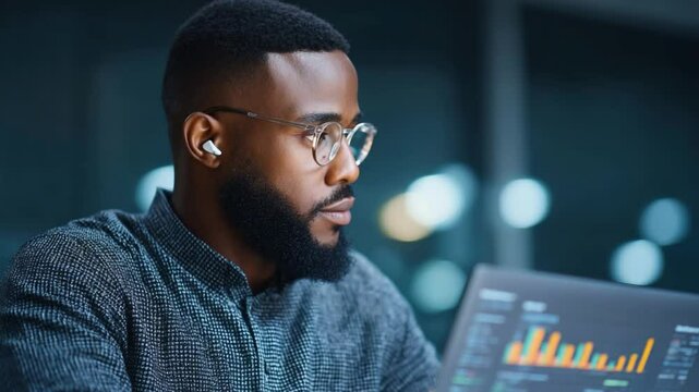 Focused Analyst at Work: A concentrated analyst in glasses intently examines data charts on a screen, showcasing the depth of modern business intelligence and strategic analysis.