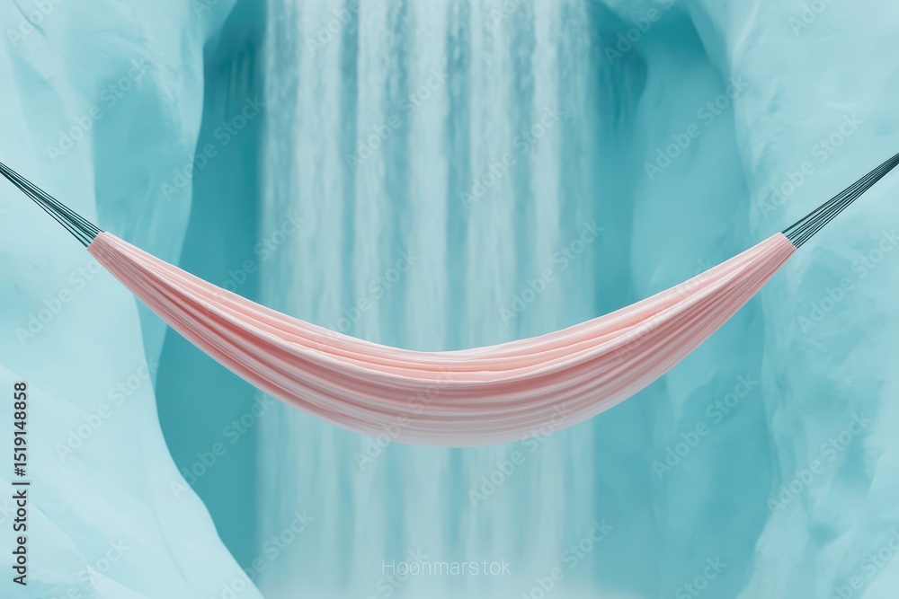 Poster relaxing hammock waterfall concept. Hammock suspended in a serene ice cave with a cascading waterfall backdrop.