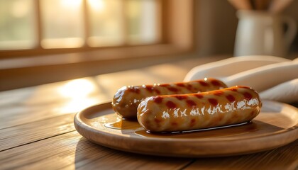 Hearty breakfast sausages with maple flavor on a country kitchen backdrop.