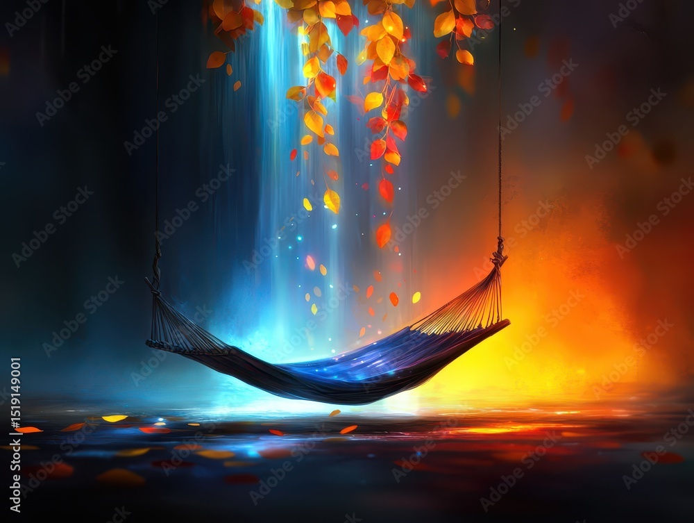 Aufkleber relaxing hammock waterfall concept. A serene hammock surrounded by colorful foliage and a cascading waterfall.