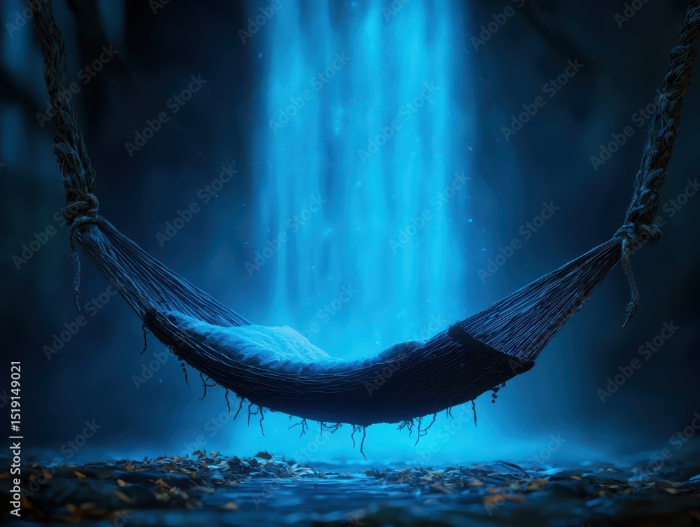 Poster relaxing hammock waterfall concept. Serene hammock by a glowing waterfall in a tranquil forest setting.