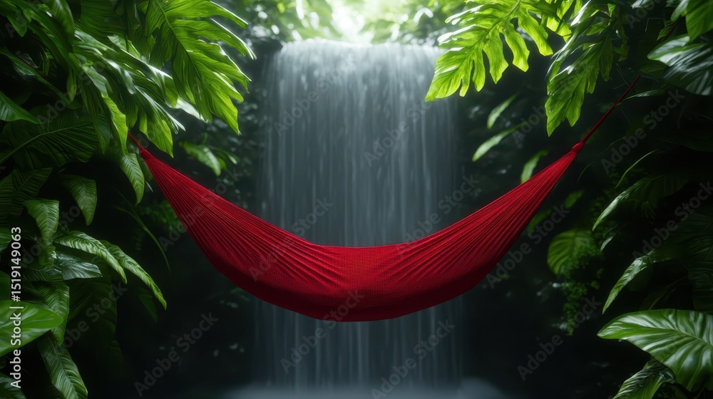 Aufkleber relaxing hammock waterfall concept. lush jungle scene with a red hammock near a serene waterfall.