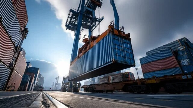 Global Trade: A towering crane lifts a cargo container under a vibrant sky, showcasing the dynamism of international trade and the movement of goods.