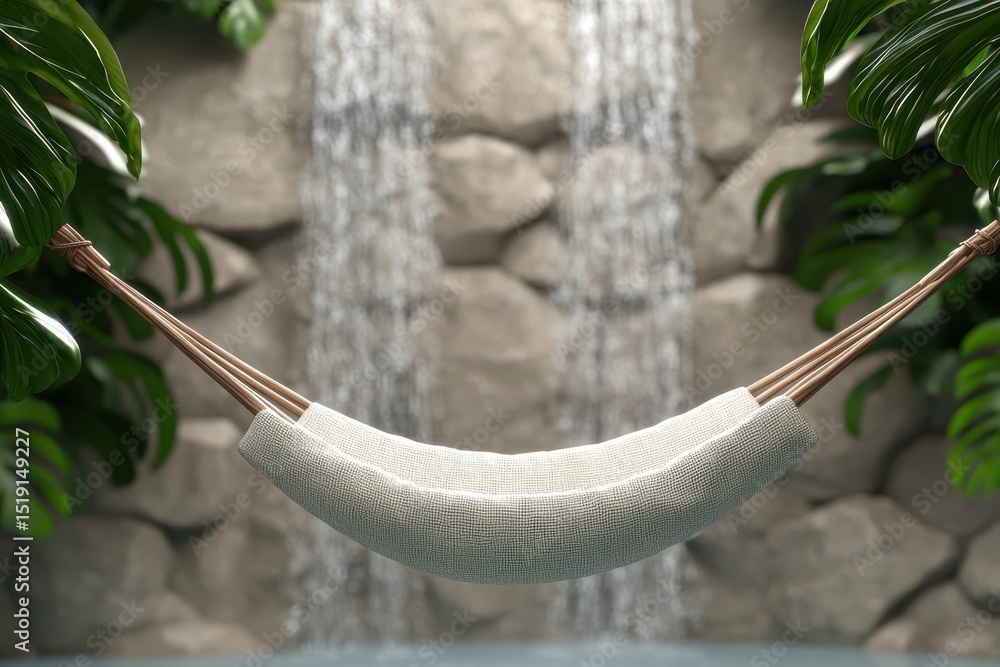 Poster relaxing hammock waterfall concept. a serene hammock surrounded by lush greenery and cascading water