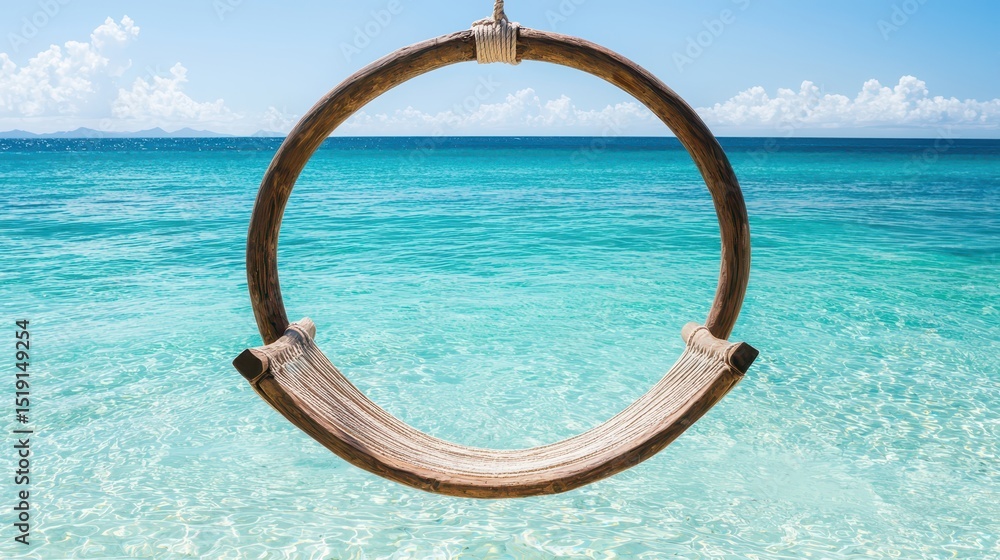 Poster relaxing hammock waterfall concept. a circular swing hangs over tranquil turquoise waters and a clea