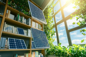 Bright high school library with solar panels and greenery on windowsills