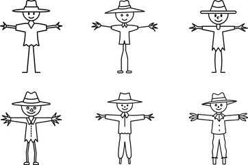 Set of Scarecrow Line Art Vector Illustrations – Hand Drawn Farm Characters