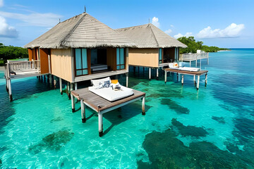 Luxurious vacation scene perfect for romantic or relaxing travel - A tropical overwater bungalow with clear water and reef visible underneath