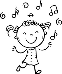 Cute doodle girl listening to music and dancing. Isolated outline cartoon illustration