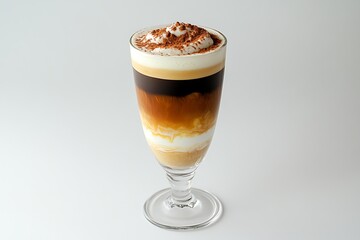Tall glass of layered coffee drink with whipped cream and cocoa powder on a white background