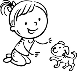 Doodle girl playing with a puppy. Isolated outline cartoon kid with pet clipart