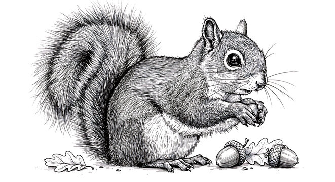 Intricate black and white ink illustration of a squirrel holding an acorn with a bushy tail, rendered in a realistic and highly detailed style with fine textures and linework