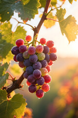 Fototapeta premium Fresh Ripe Grapes on Vine with Morning Dew in Vineyard at Sunrise