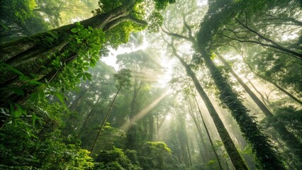Fototapeta premium Sunlit Canopy Natures Lush Embrace Beneath Towering Forest Giants