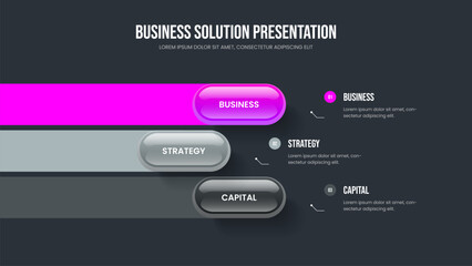 Project Showcase Three Option Diagram Slide Design. Financial Proposal Presentation Template Vector Illustration. Modern Report 3 Step Infographic Frame Layout.