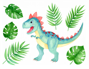 tyrannosaurus rex dinosaur in tropical leaves watercolor illustration isolated on a white background