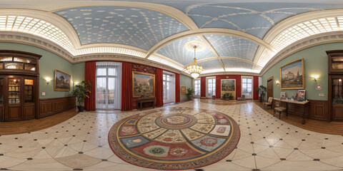Grand hall interior design architecture chandelier paintings marble floor historical building panorama view