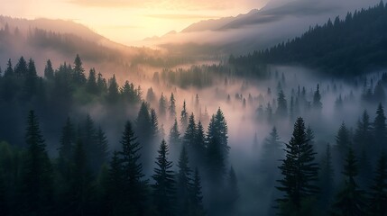 Obraz premium Remote forest valley lit by diffused sunrise through swirling fog, aerial perspective,