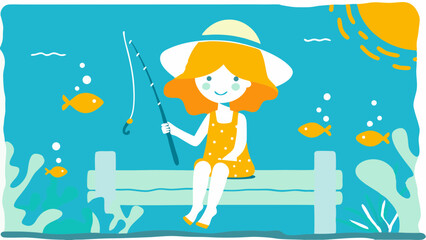 A whimsical summer day A girl with a hat fishing in a lake surrounded by cute cartoon fish and aquatic plants on a blue