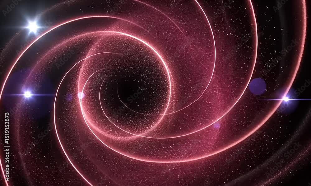 Poster abstract swirling vortex of pink glowing particles against black background with lens flare motion g
