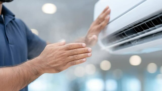 Cooling Comfort: A person interacts with a modern air conditioning unit, feeling the refreshing blast of air, showcasing climate control technology and comfort.