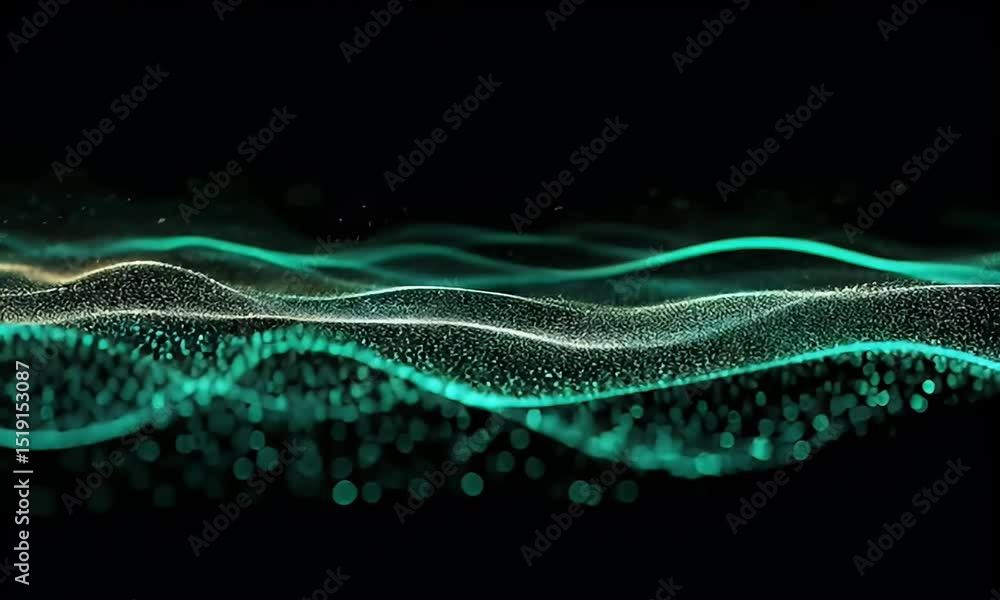 Aufkleber abstract turquoise wavy particle flow on black background with shimmering lights and minimalist desi