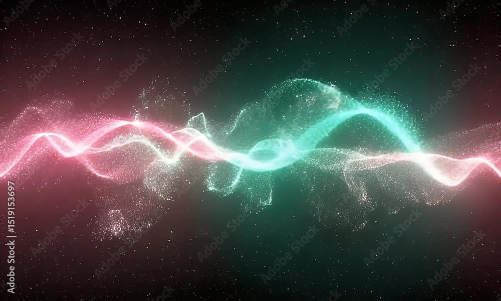 Poster abstract wave of energy flowing between lights sparkling with a dark background and sparkling tiny s