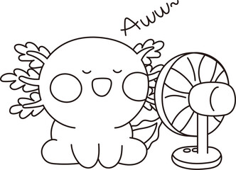 Cute Axolotl with a Fan Cooling Down Coloring Page
