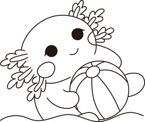 Cute Axolotl with Beach Ball Coloring Page
