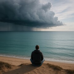 Fototapeta premium Finding calm in a storm while sitting by the ocean under dark clouds
