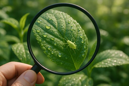 A realistic image of a green leaf with an insect magnified through a glass lens. Dewdrops and detailed leaf texture enhance natural realism. A hand holds the lens outdoors.