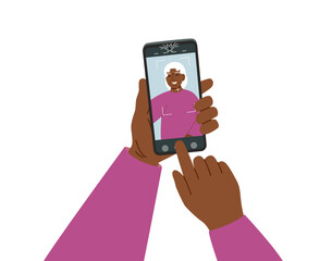 Concept of selfie on smartphone camera. Taking a photo by a phone camera. Black skin senior woman holding smartphone and taking a photo of herself. Vector hand drawn clipart isolated on white.