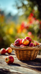 Red Apples in Woven Basket on Weathered Wood Table in Garden Setting