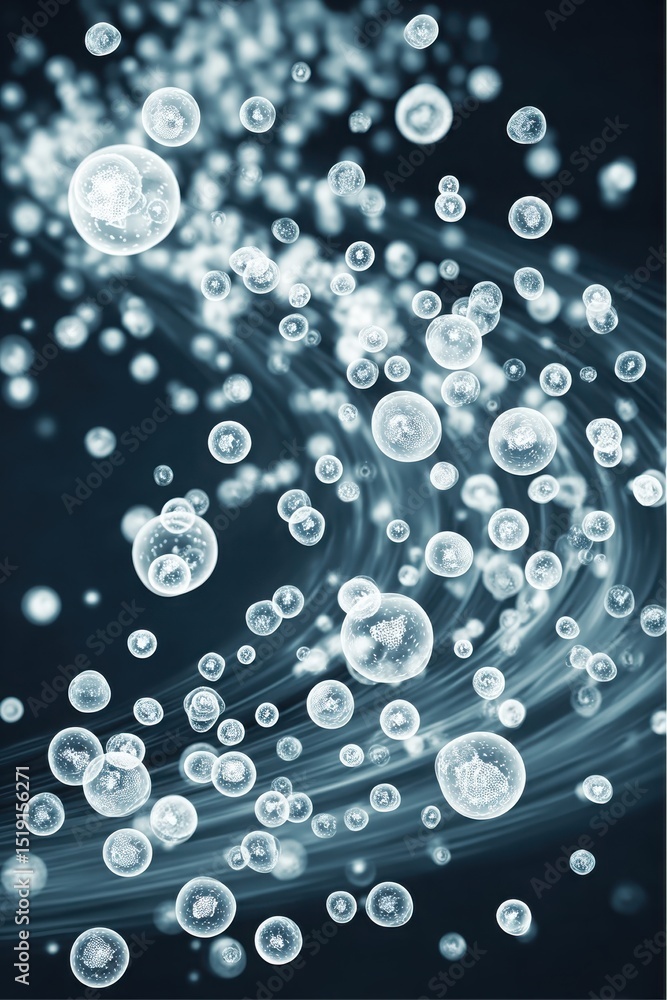 Poster floating bubbles with light trails on a dark background creates a surreal view
