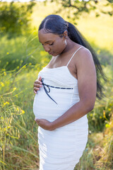 A lovely and heartwarming moment capturing a radiant pregnant woman immersed in the beauty of nature, celebrating her magnificent journey with an abundance of joy and profound serenity