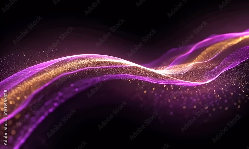 Poster abstract wavy motion background with purple and golden glowing particles on a black backdrop creatin