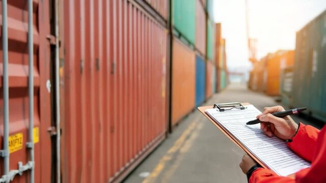Inspection in the Shipping Yard: A worker meticulously reviews shipping containers, representing international trade, logistics, and global commerce.