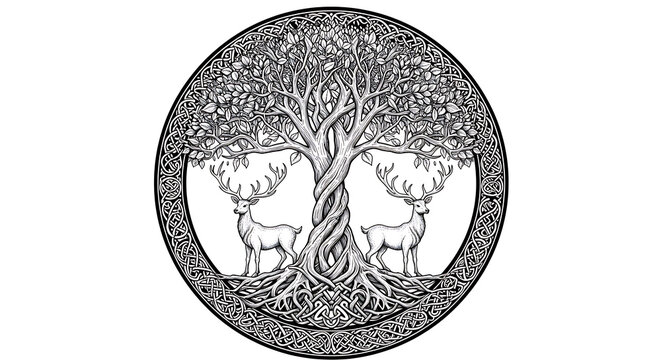 Black and white Celtic-inspired illustration of an ancient tree with twisted roots and branches forming a symmetrical design, flanked by deer and a stylized stag head